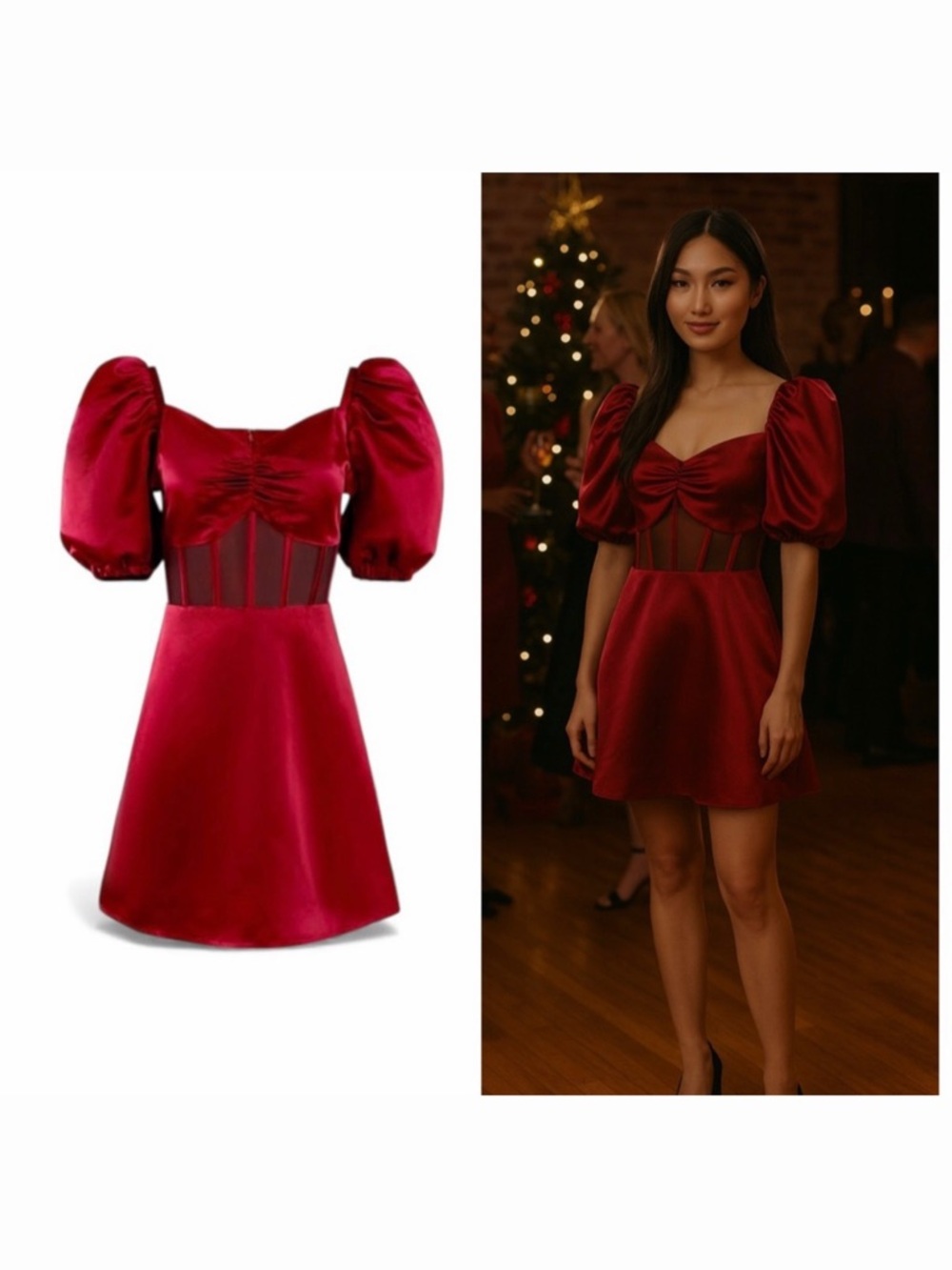 Autumn Adeigbo Red Mini Dress Satin Puff Sleeve 6 Cocktail Party Wedding Guest